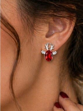 Crystal Reindeer Stud Earrings Red Silver Tone Christmas Holiday Jewelry